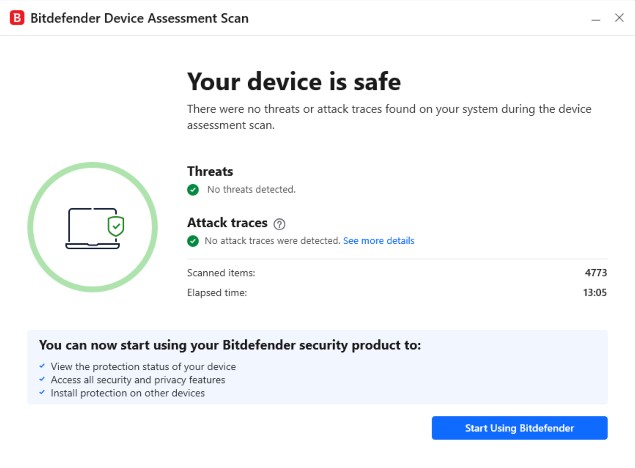 Bitdefender device assessment scan results (your device is safe)