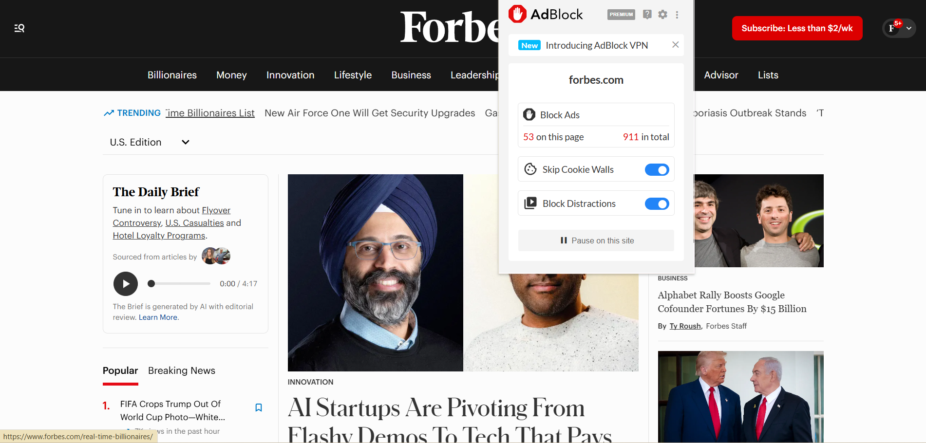 Forbes homepage with AdBlock extension open (53 ads blocked)