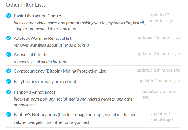 AdBlock Other Filter Lists with all filters enabled 
