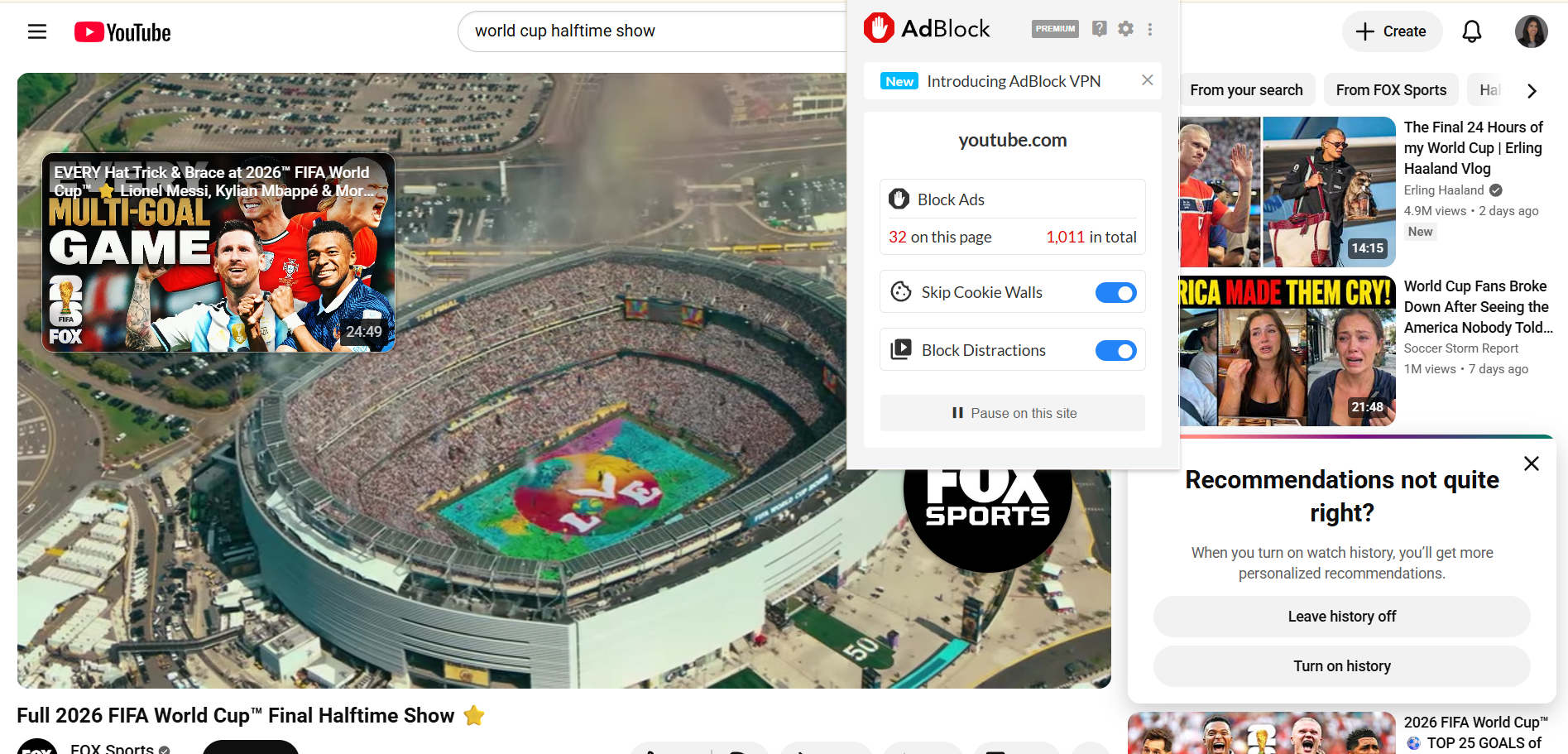 End of a YouTube video with Adblock extension open in the foreground