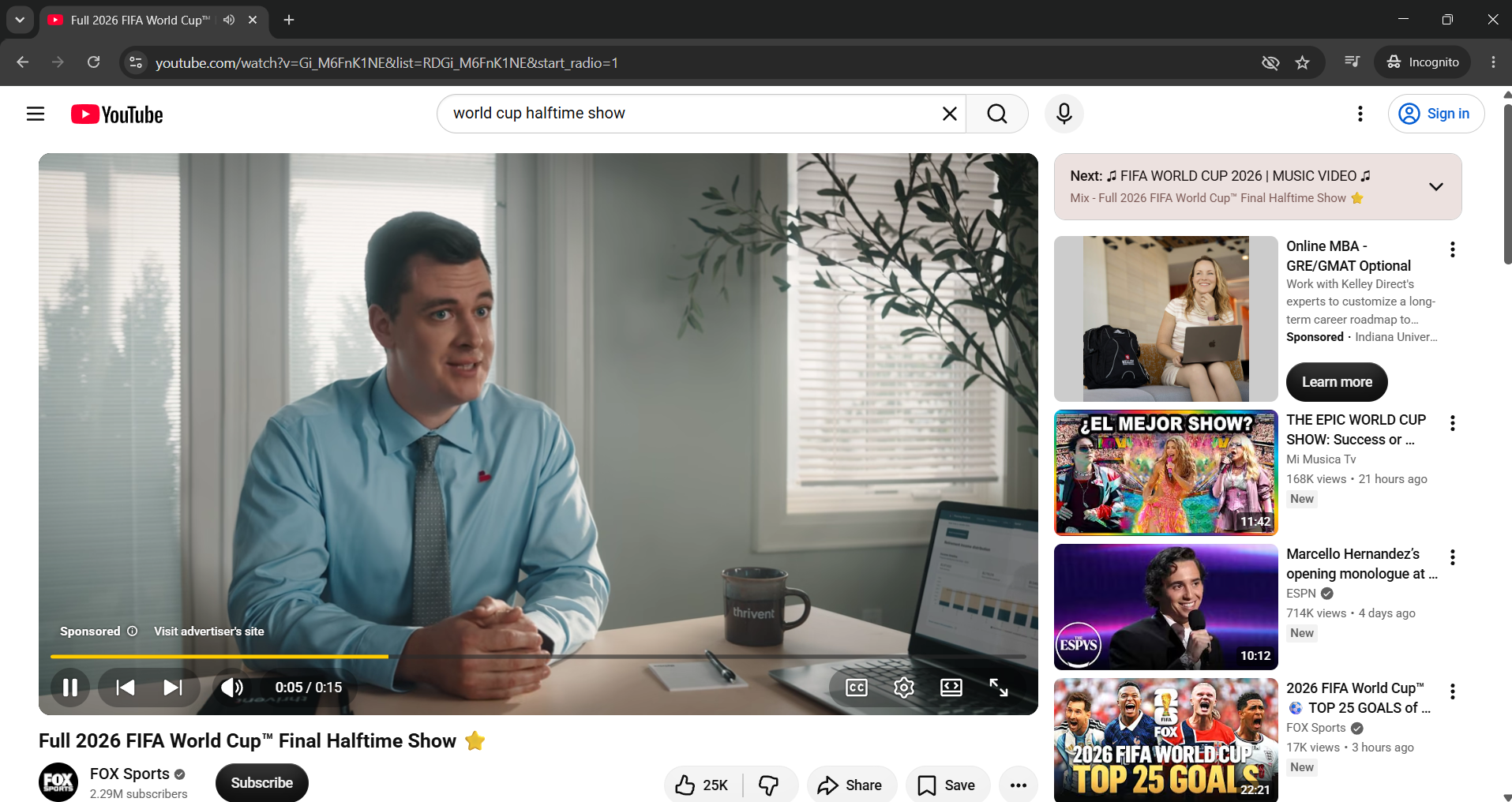 A YouTube ad showing on a Google Chrome incognito browser
