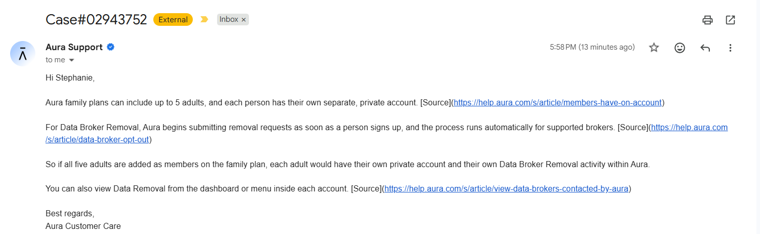 Aura customer support interaction for All About Cookies