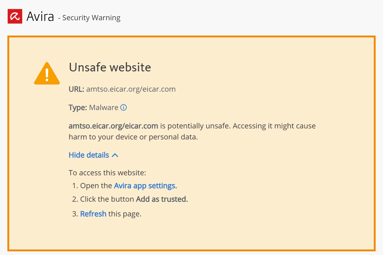 Avira Security Warning flagging an unsaffe website for malware