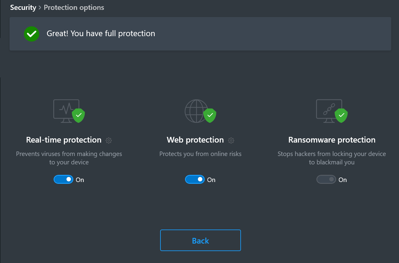 Avira Prime Protection options all toggled on (Real-time protection, web protection, and ransomware protection)