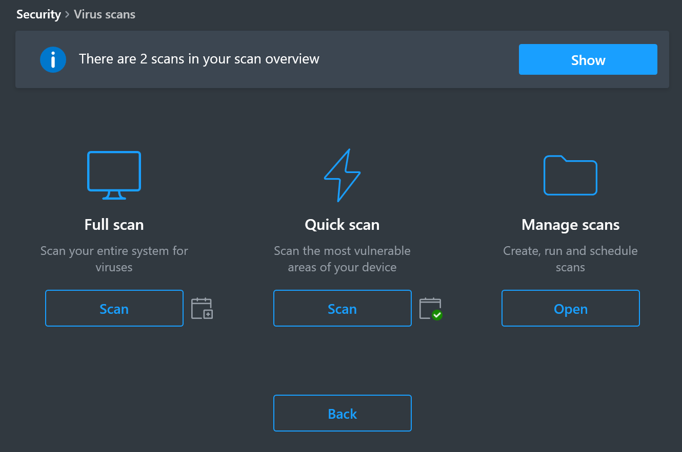 Avira Prime scan options (Full scan, Quick Scan, and Manage scans)
