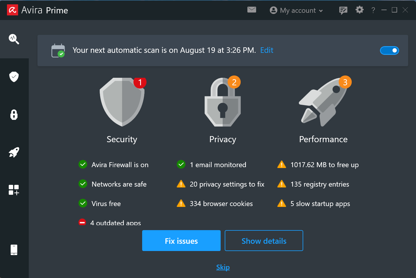 Avira Prime Smart Scan results 