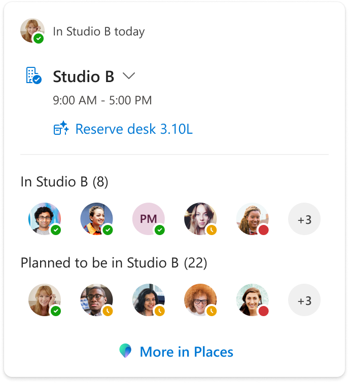 Microsoft Teams workplace check-in interface showing an employee marked as "In Studio B today."