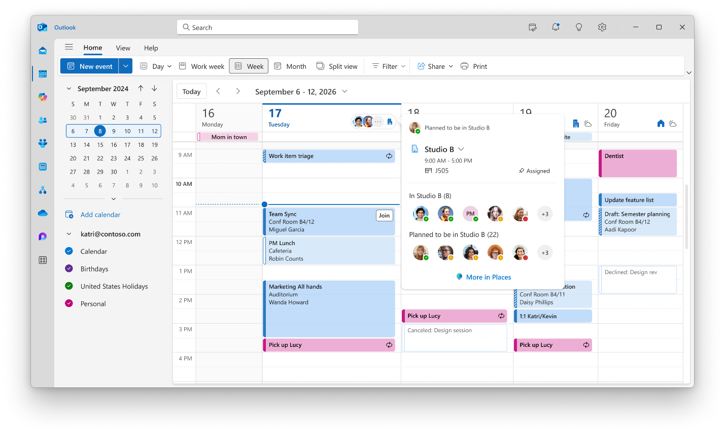 Microsoft Outlook calendar displaying Microsoft Teams workplace check-in, showing an employee scheduled to work in "Studio B," office hours.
