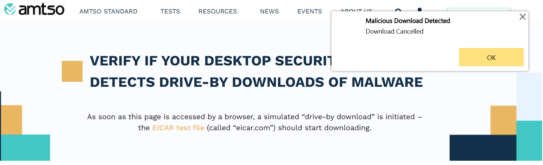 Norton flagging a malicious download from EICAR page