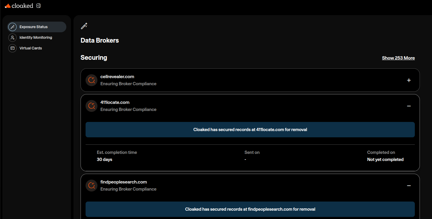 Exposures Status on Cloaked web app dashboard