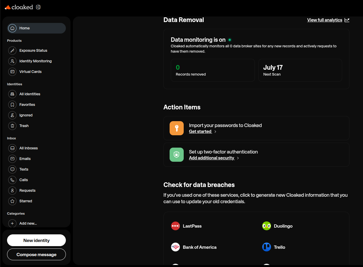 Cloaked web app dashboard