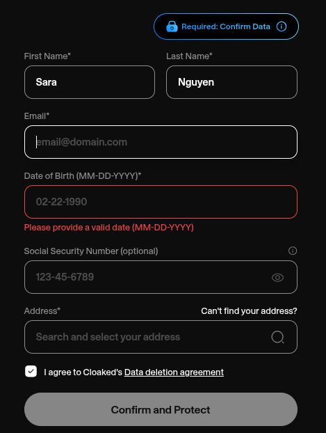 Submitting personal info to Cloaked data removal for All About Cookies