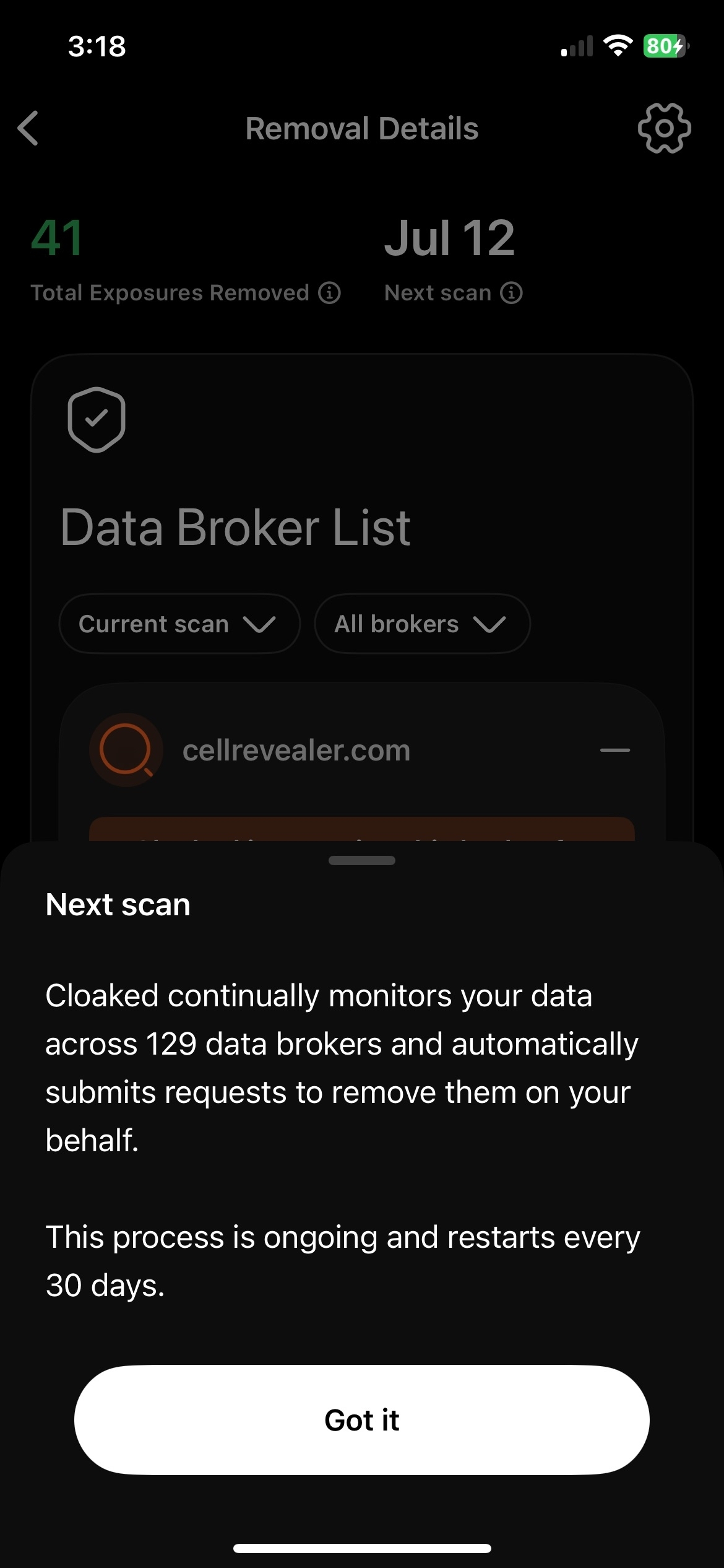 Cloaked Removal Details dashboard for All About Cookies