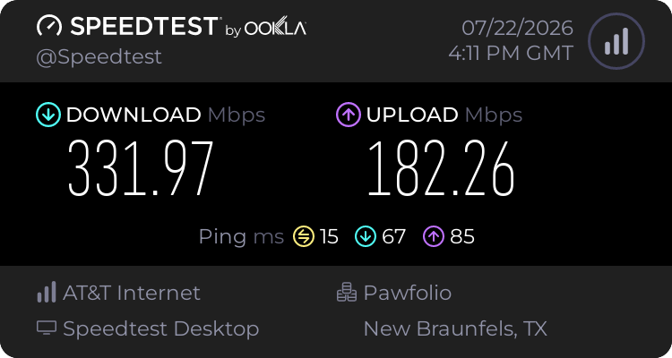 Baseline speed before testing Norton Secure VPN (331.97 download, 182.26 upload, 15 ping)