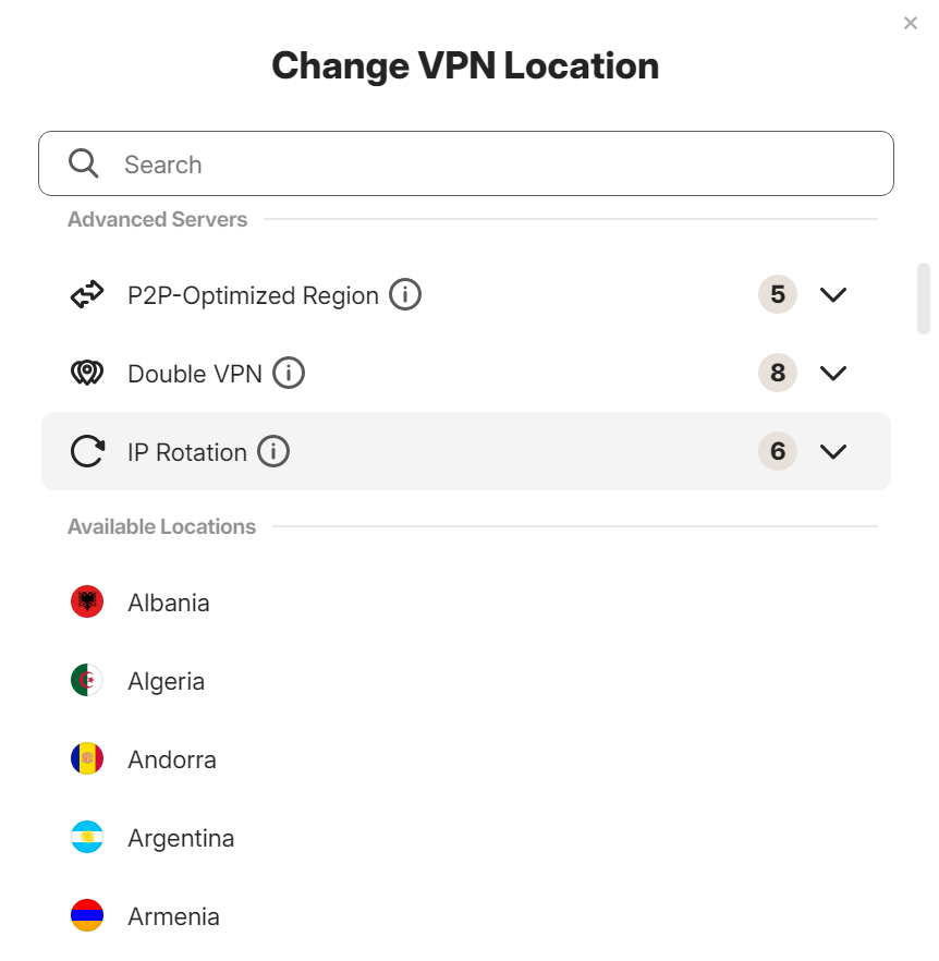 Norton Secure VPN server dropdown list