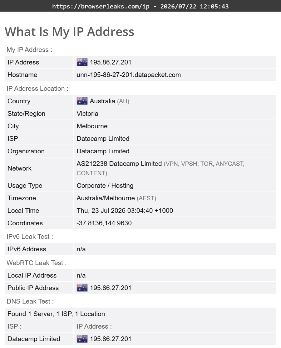 Norton Secure VPN's DNS leak test results (pass). 