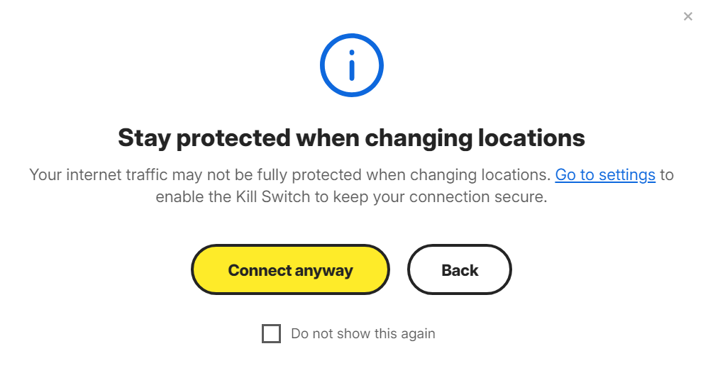 Pop-up from Norton Secure VPN flagging that the kill switch isn't enabled