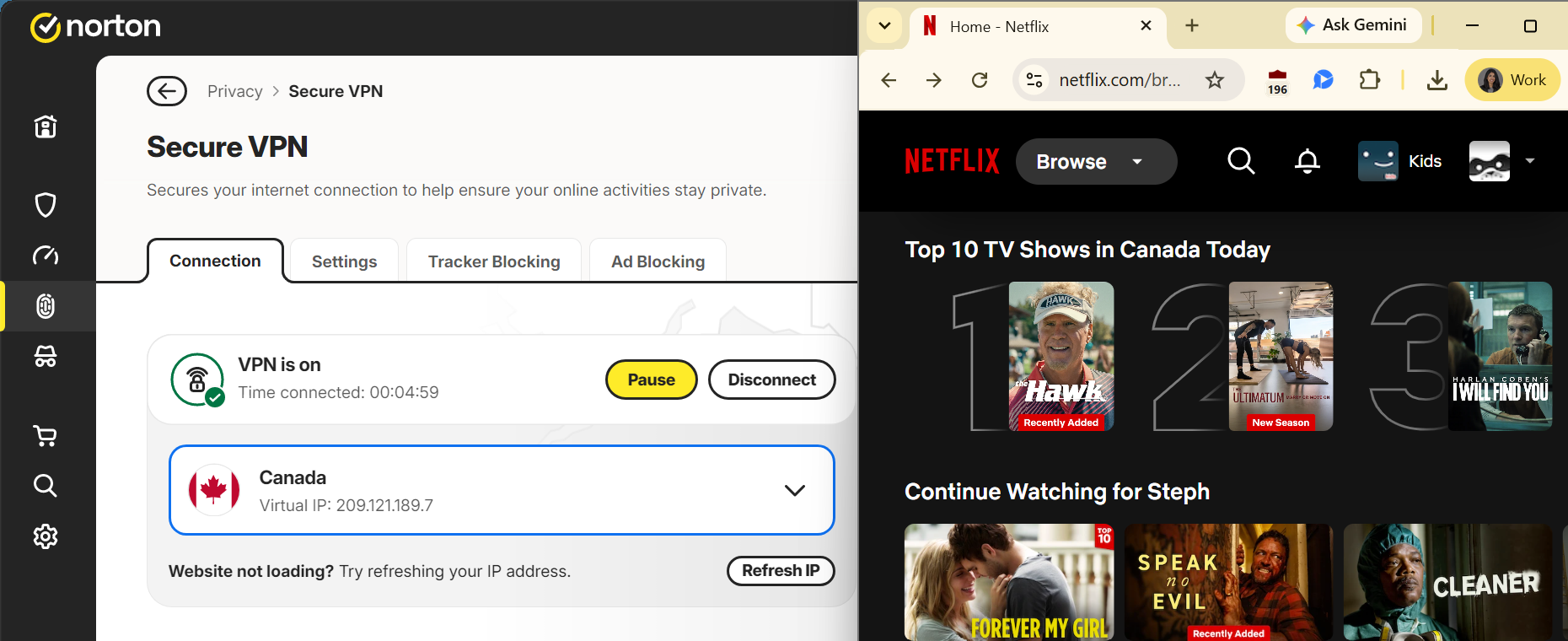 Norton Secure VPN connected to Canada server, side-by-side with Netflix list of top tv shows in Canada