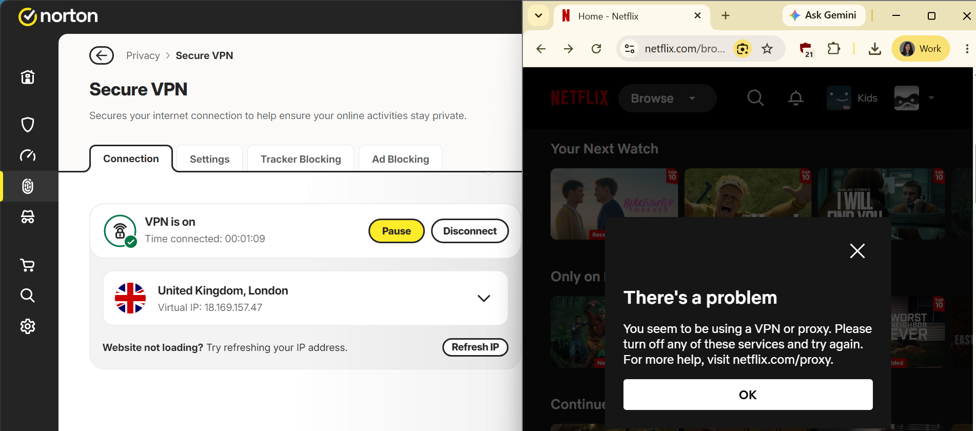 Norton Secure VPN connected to UK server, side-by-side with Netflix flagging the VPN