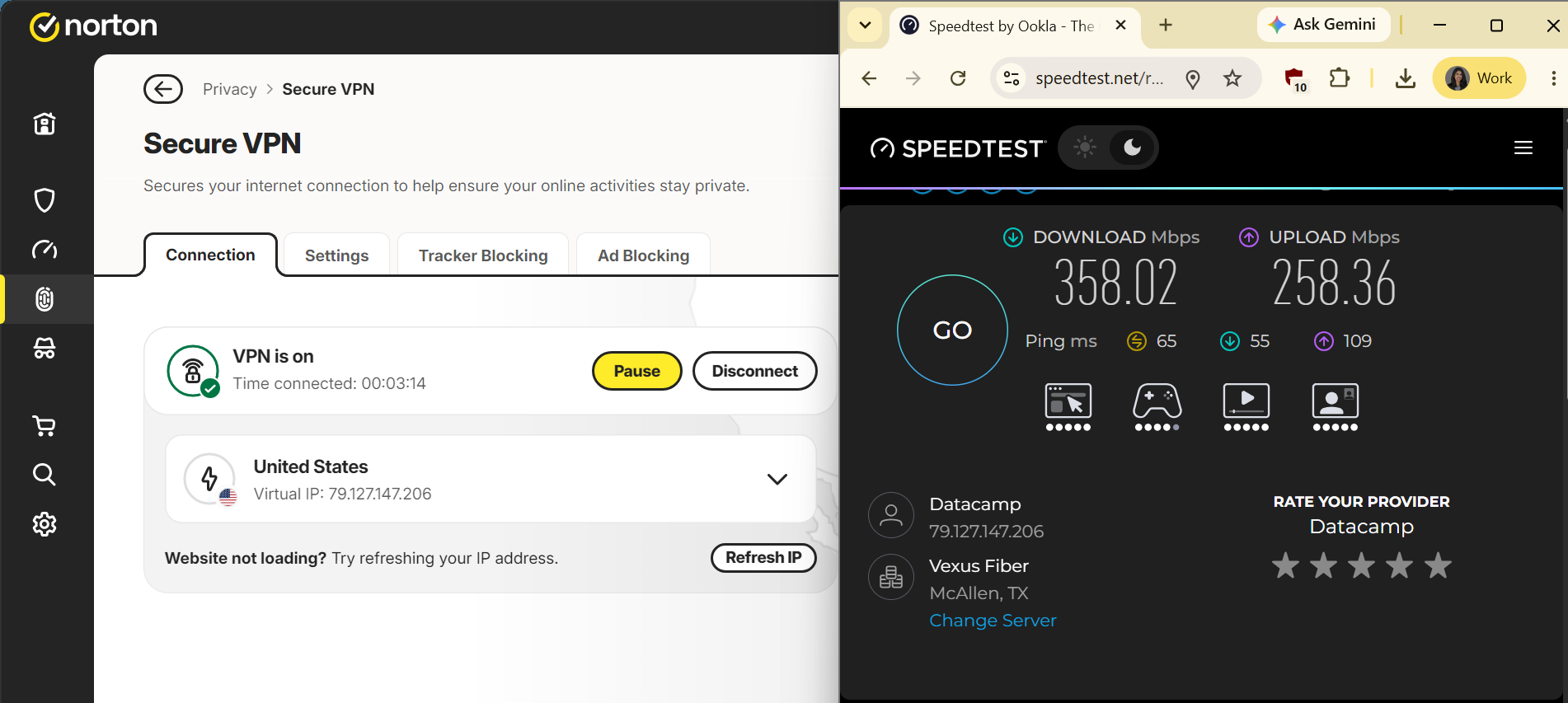Speed test results for Norton Secure VPN while connected to in McAllen, TX (358.02 download, 258.36 upload, 65 ping)