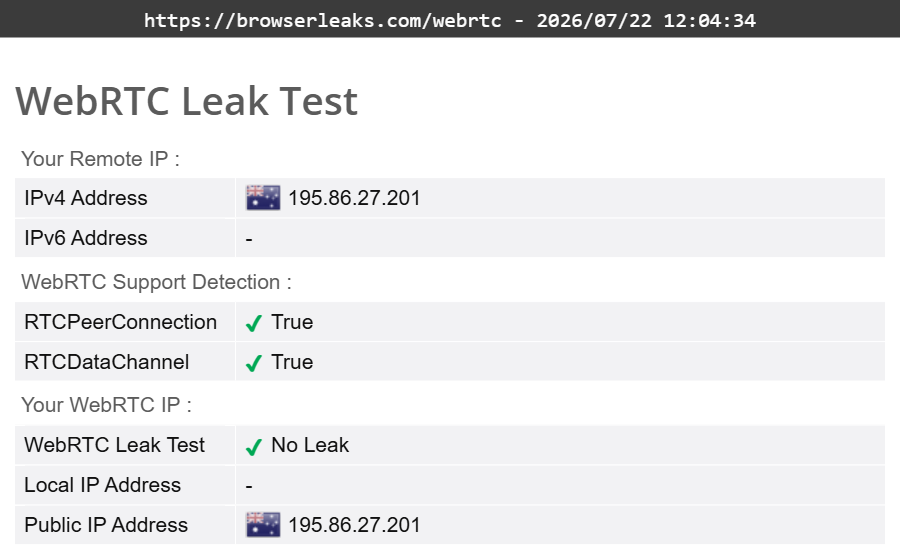 Norton Secure VPN's WebRTC leak test results (pass). 