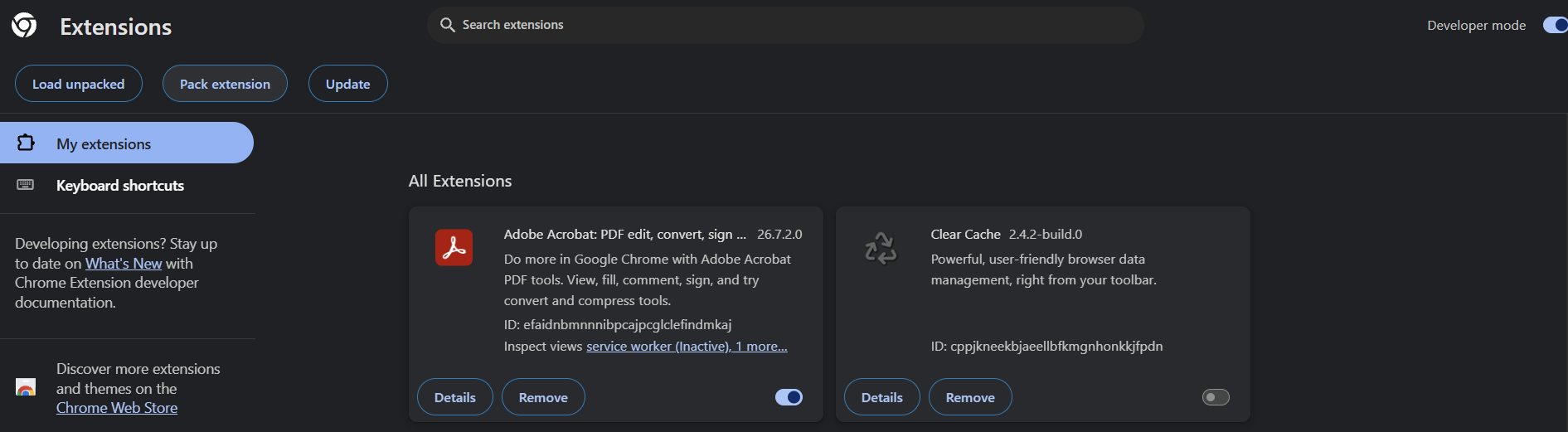 Google Chrome Extensions page with the Adobe Acrobat extension updated to the latest version.