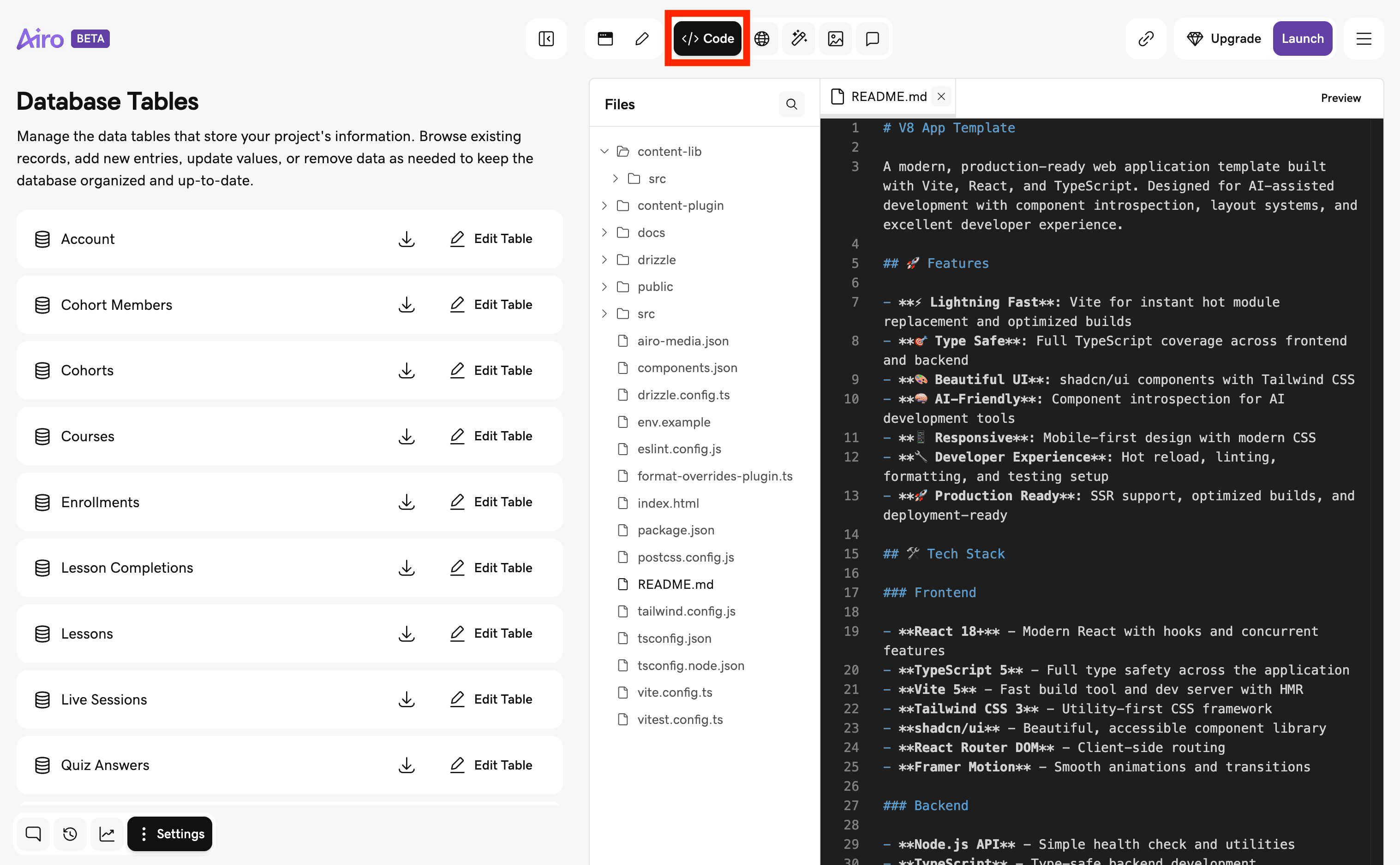 Airo lets you manually edit and export code