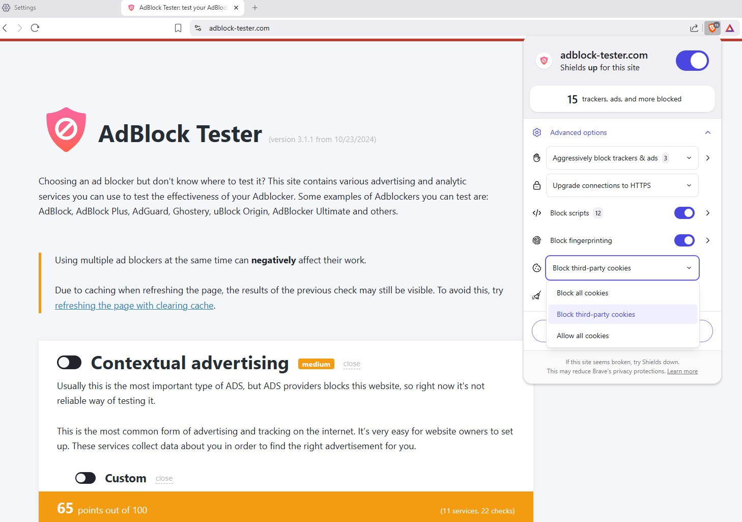 Brave AdBlock Tester results (Aggressive enabled)