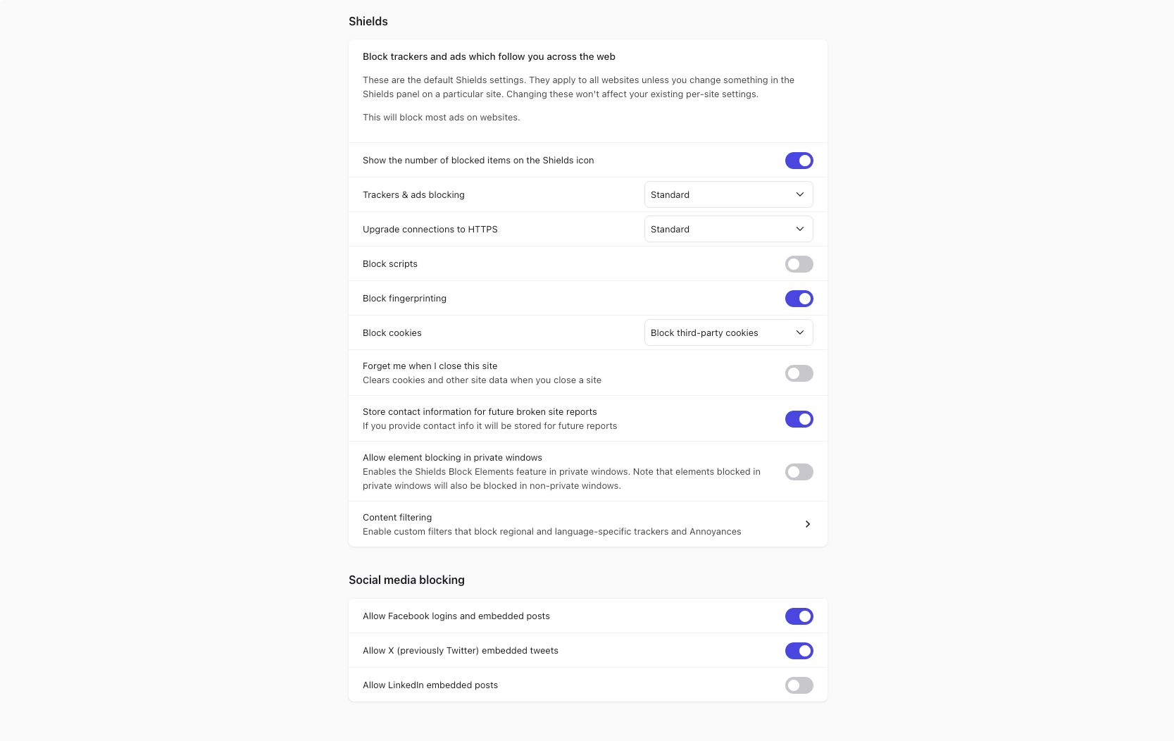 Brave Shields settings