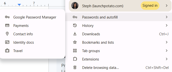 Google Chrome settings Passwords and autofill menu