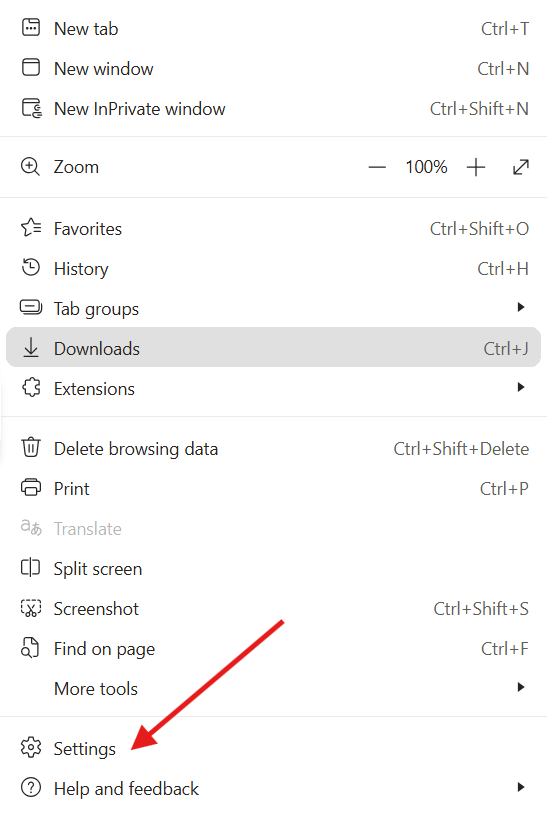 Microsoft Edge settings dropdown menu