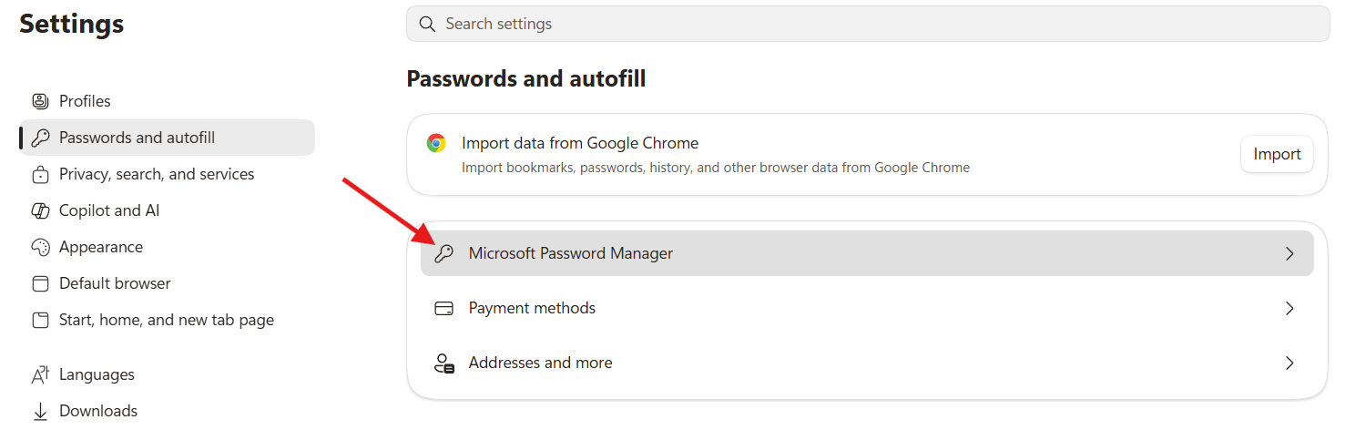 Microsoft Edge Passwords and autofill settings with arrow pointing to Microsoft Password Manager