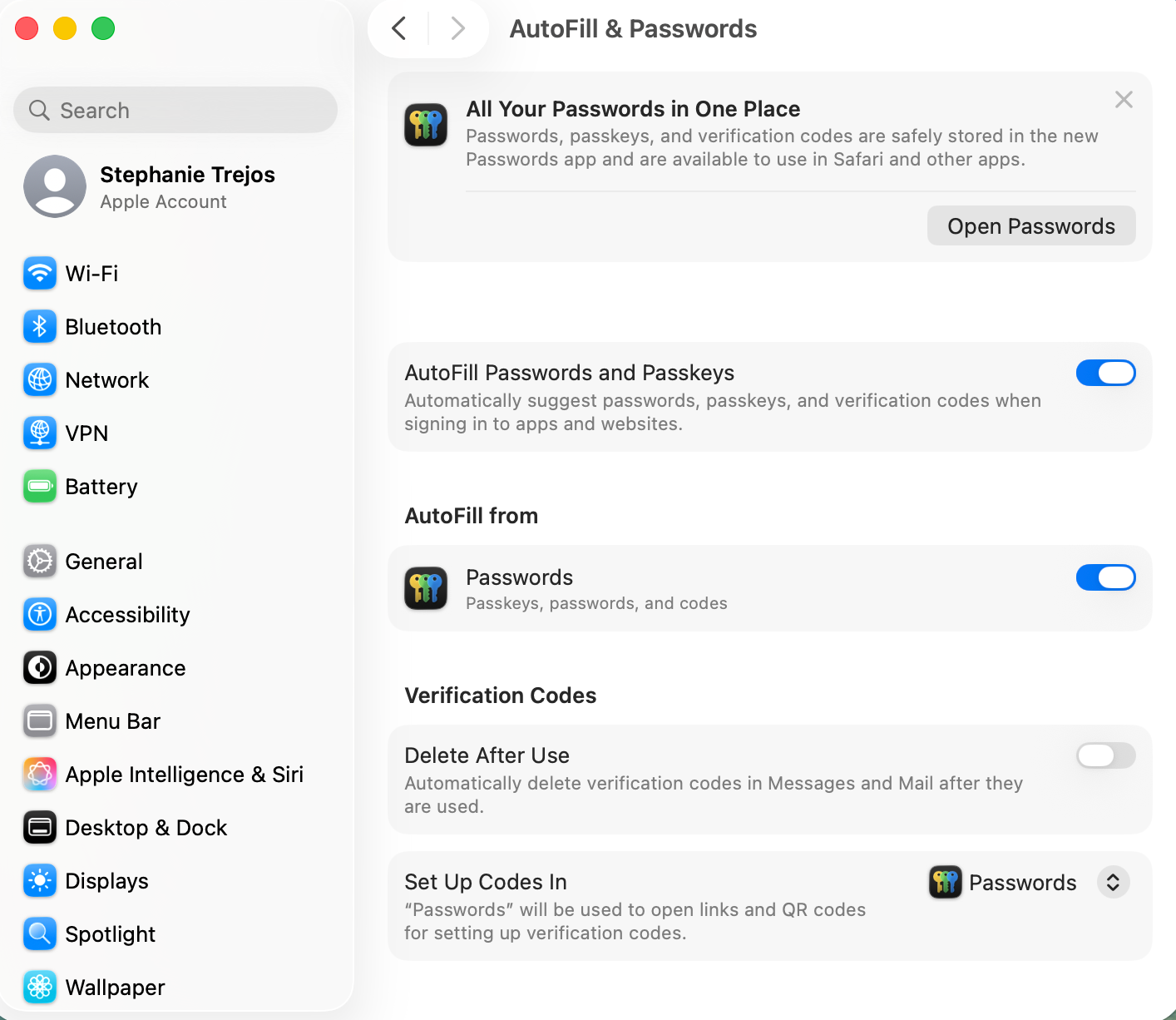 macOS general settings open on autofill and passwords section