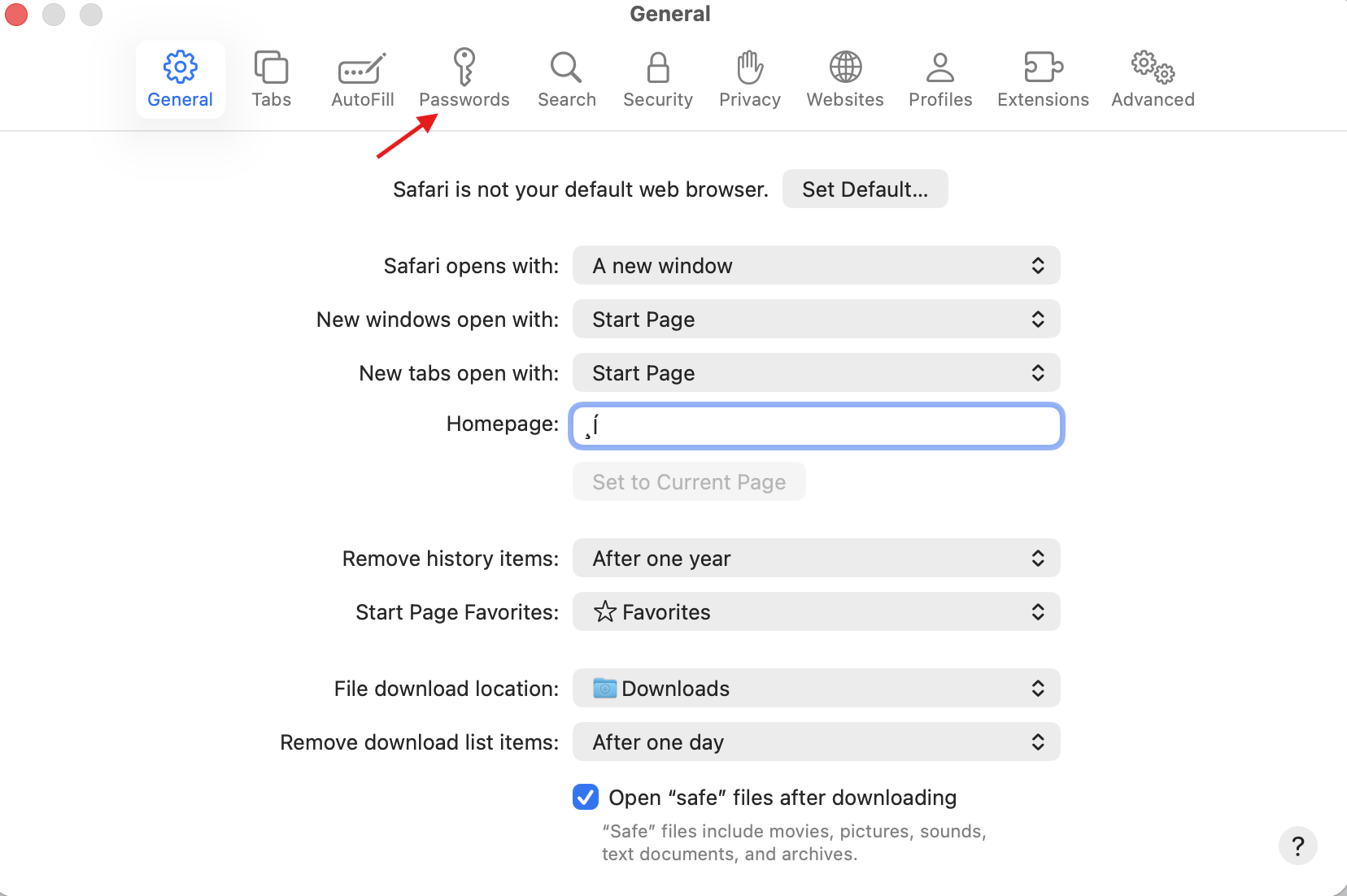 Safari general settings with arrow pointing at Passwords