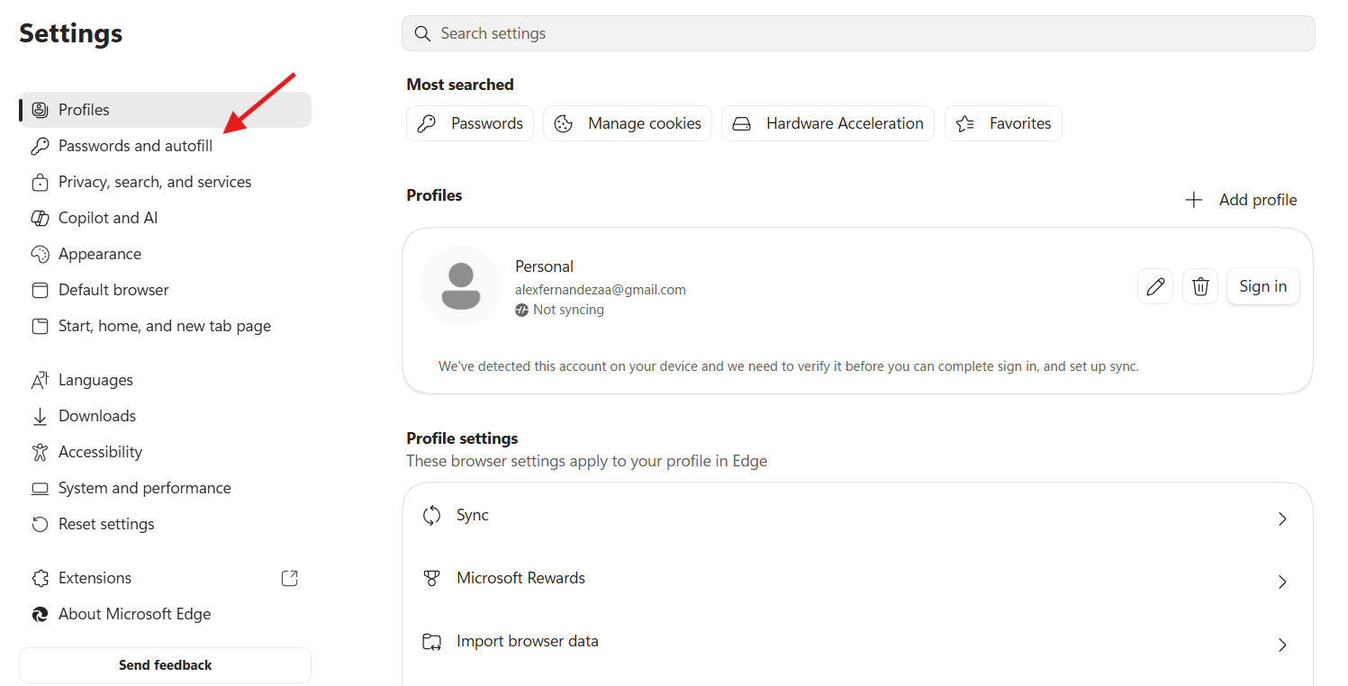 Microsoft Edge settings with arrow pointing to Passwords and autofill