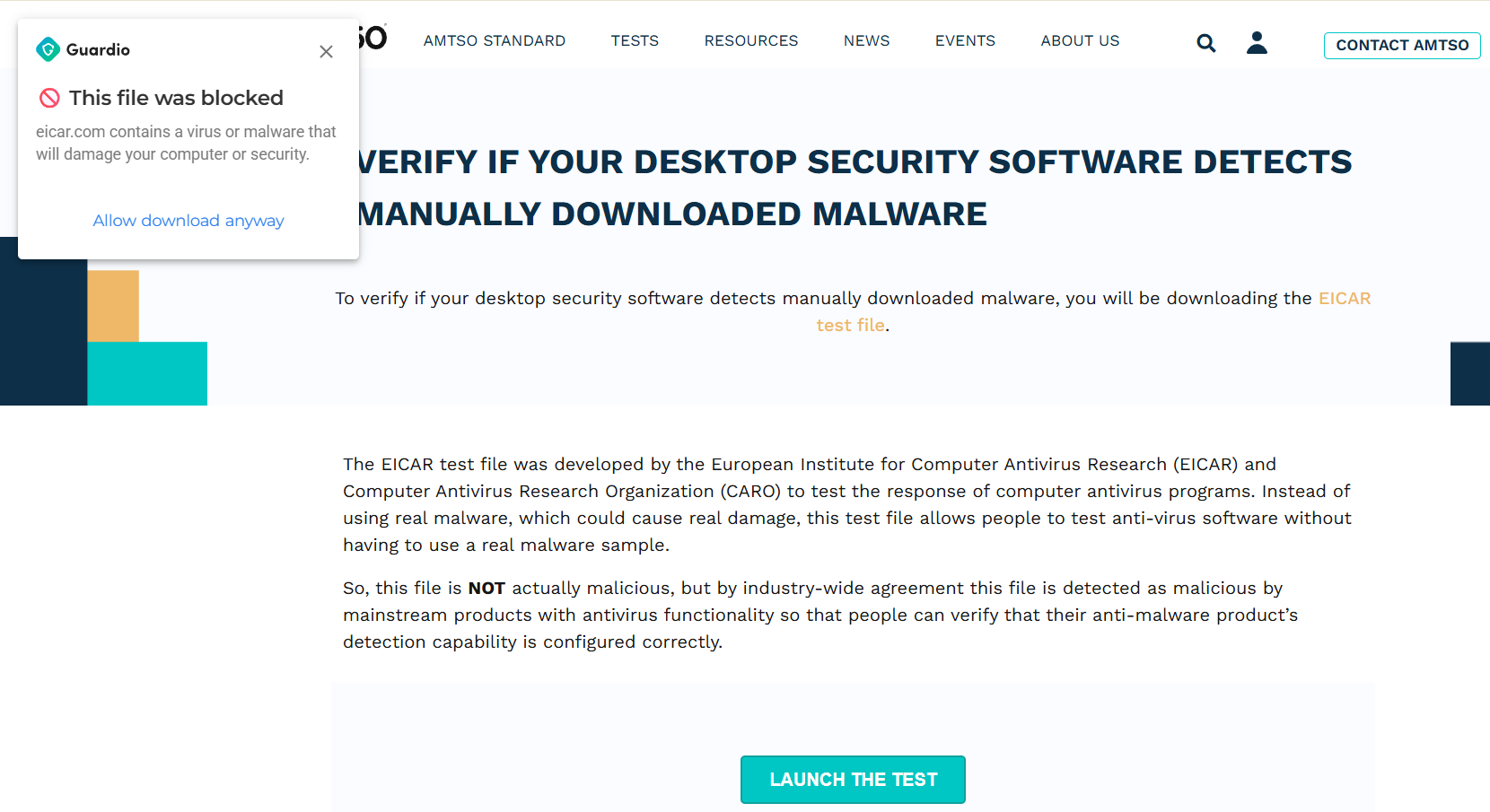 EICAR manually downloaded malware page with Guardio pop-up after blocking file