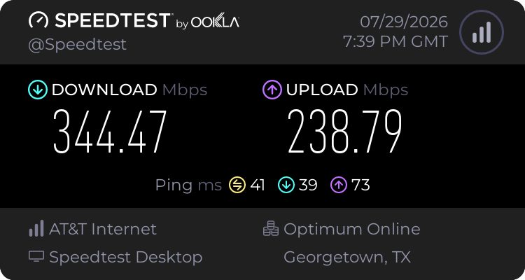 Baseline speed test before testing NordVPN (344.47 download, 238.79 upload, 41 ping)