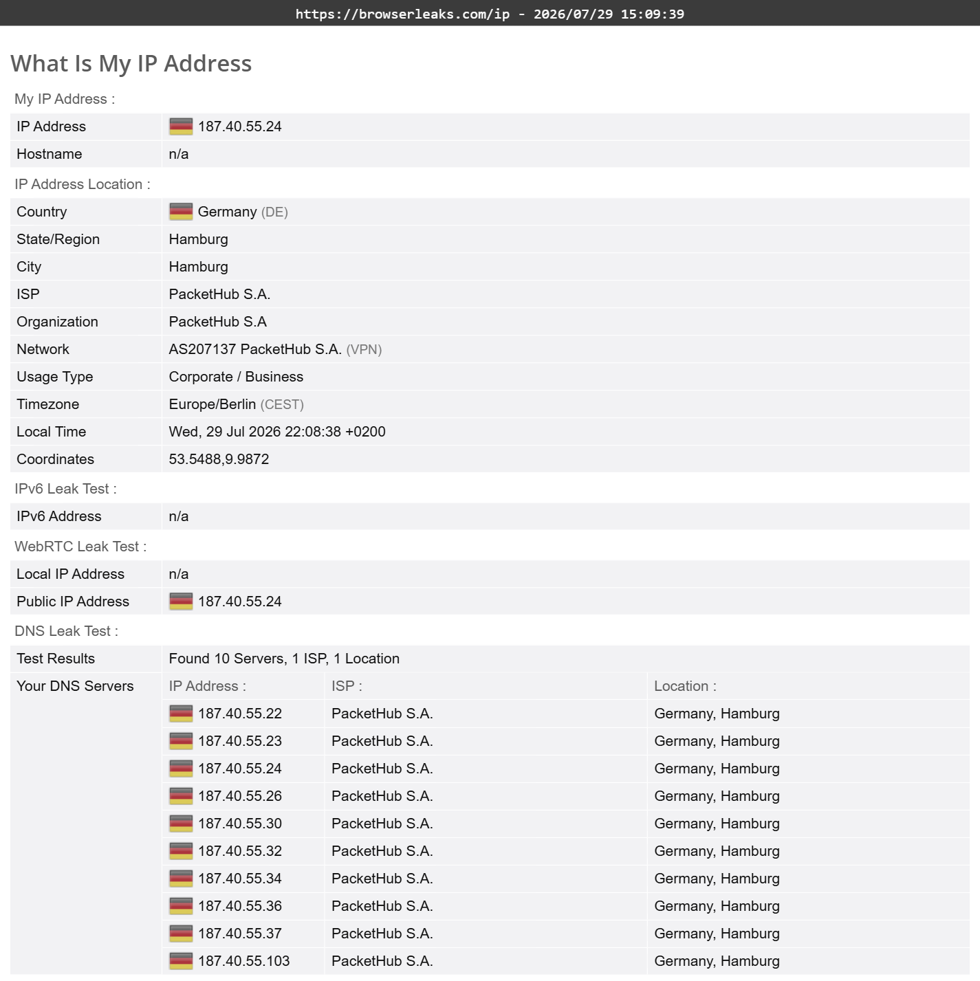 NordVPN's DNS leak test results (pass)
