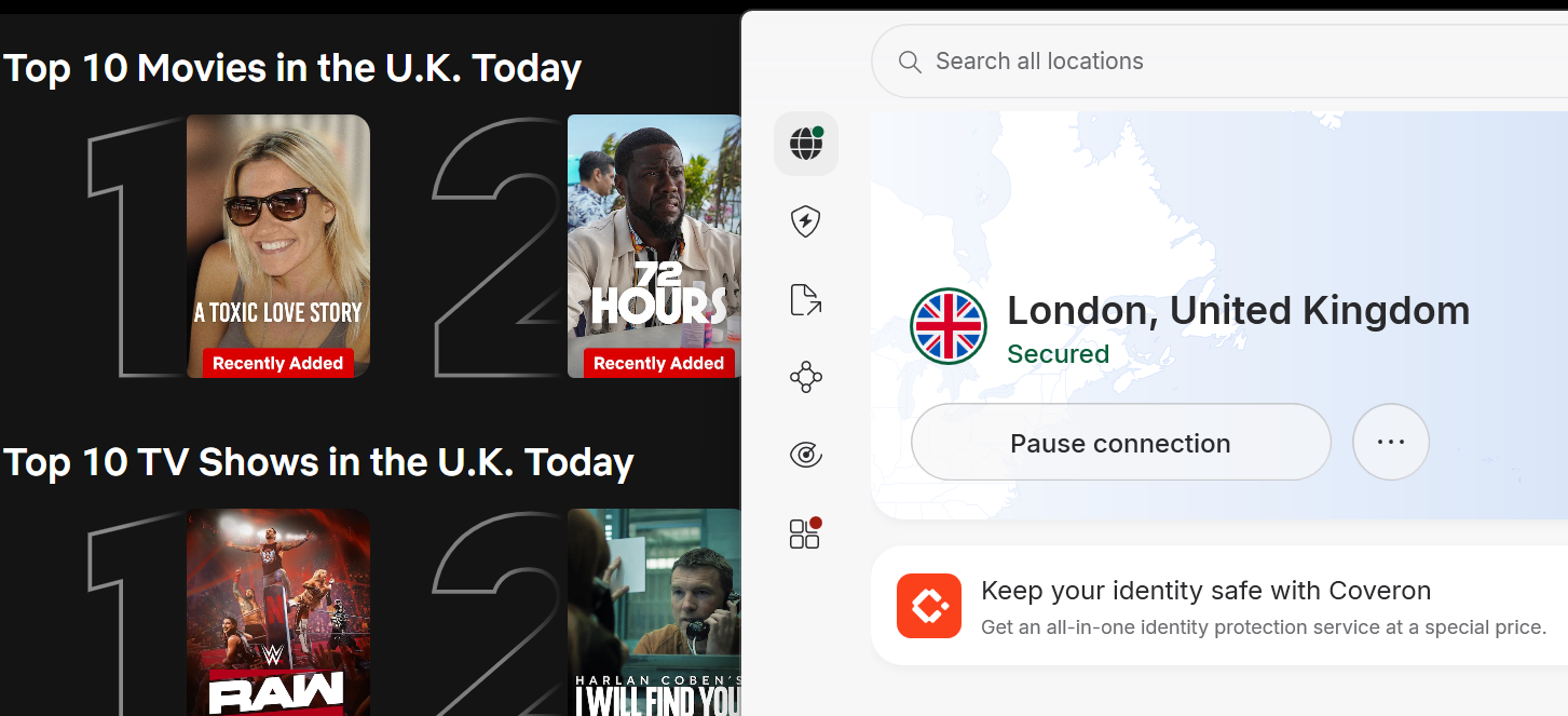 Netflix lists of top shows and movies in the U.K. with NordVPN in the foreground