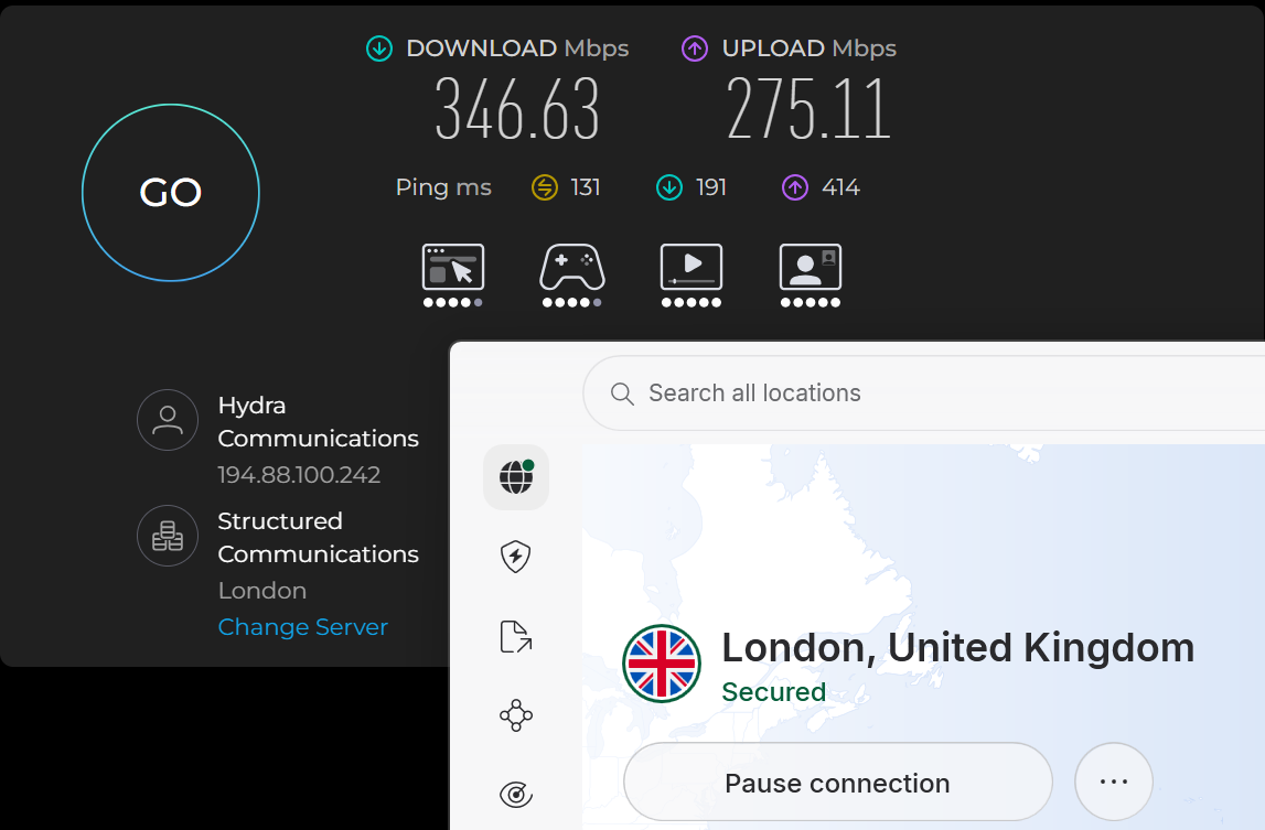 Speed test results for NordVPN while connected to a London server (346.63 download, 275.11 upload, 131 ping)