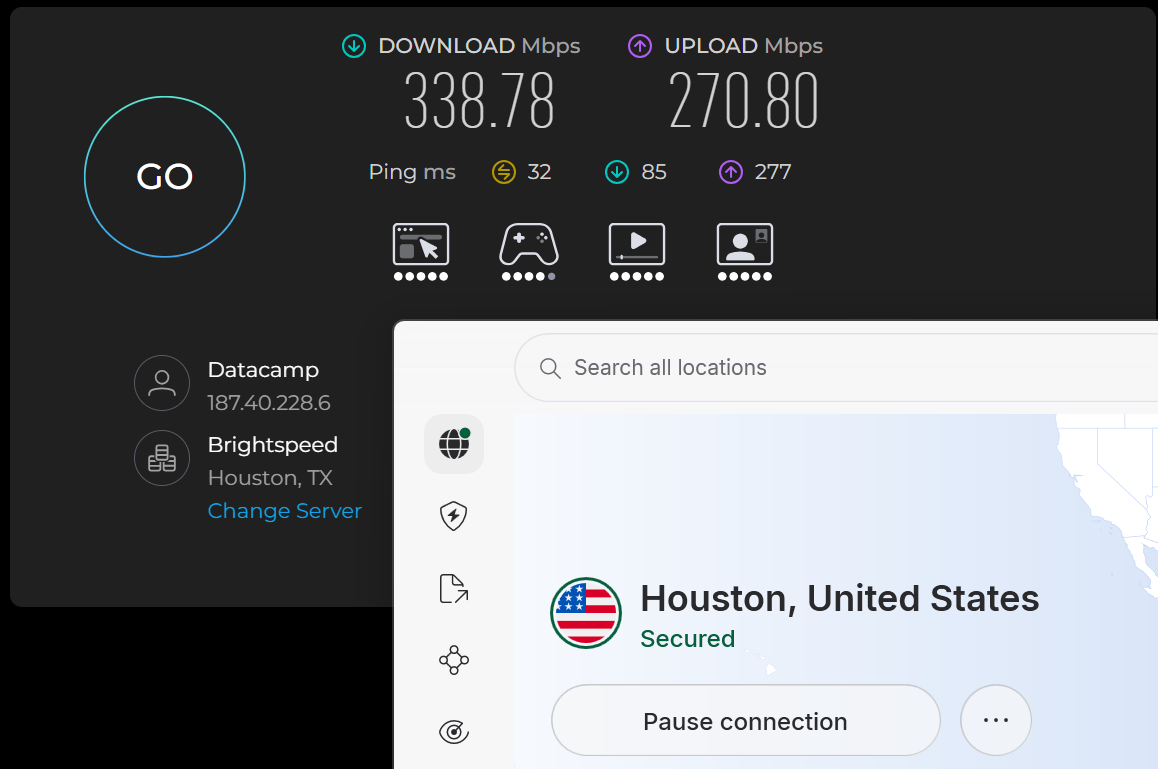 Speed test results for NordVPN while connected to a Houston server (338.78 download, 270.80 upload, 32 ping)