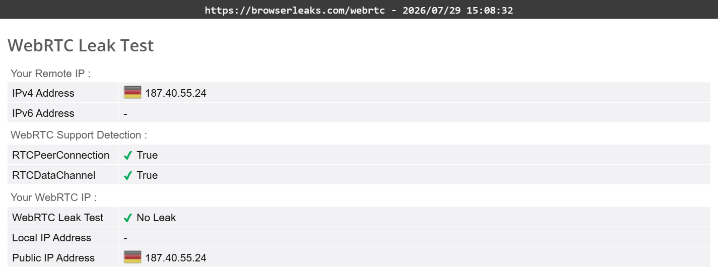 NordVPN's WebRTC leak test results (pass)