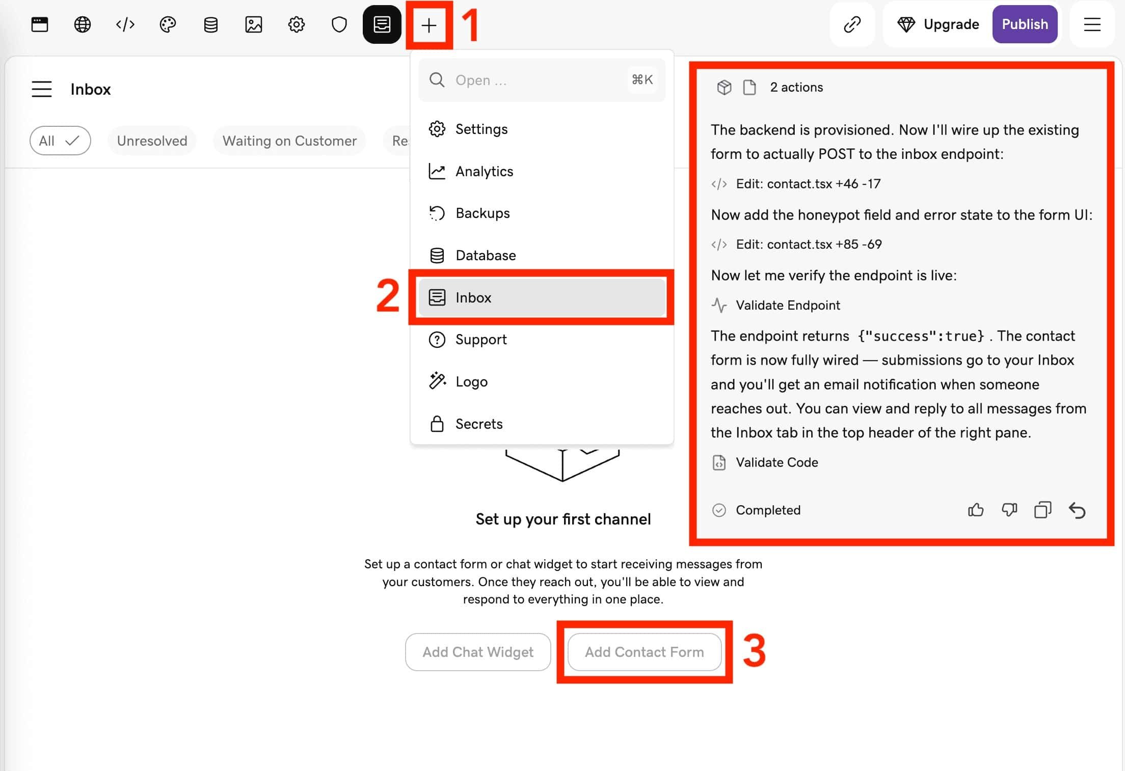 Adding contact form to site during Airo AI testing