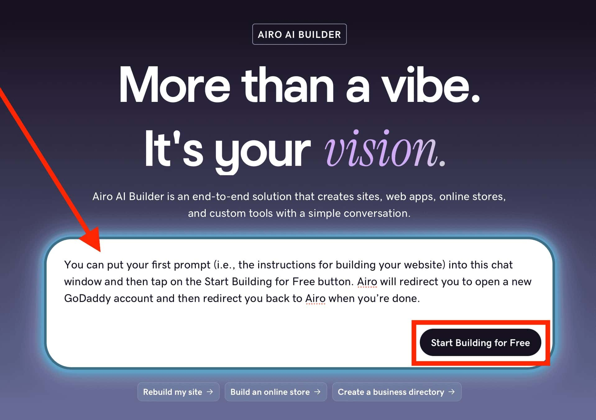 GoDaddy Airo landing page