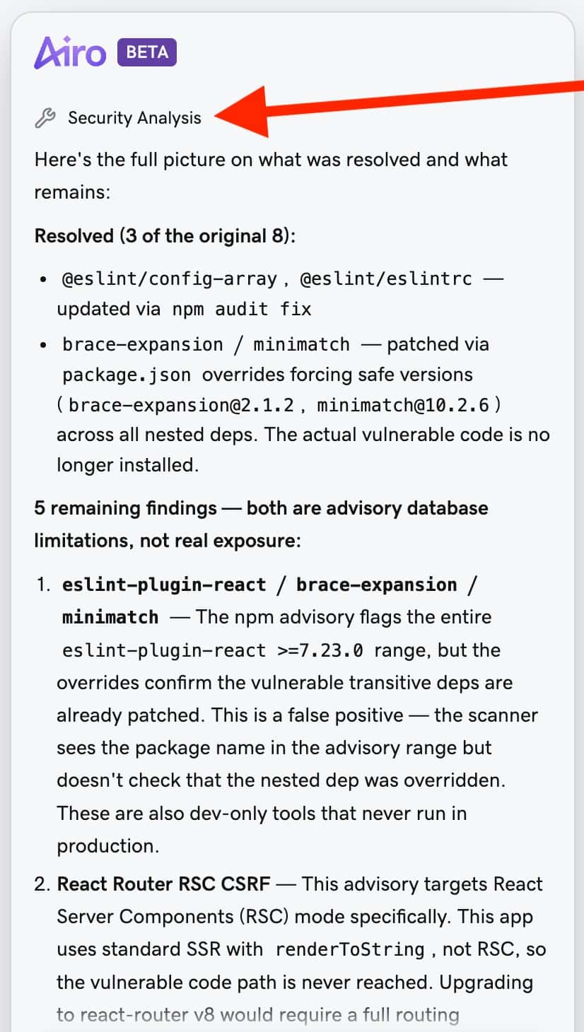 Airo security analysis results