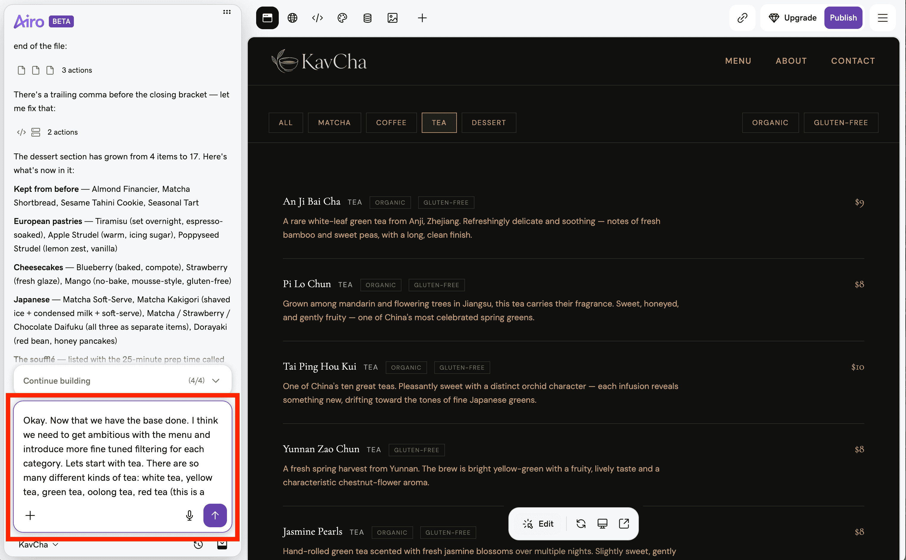 Prompting Airo for advanced menu changes for All About Cookies test website