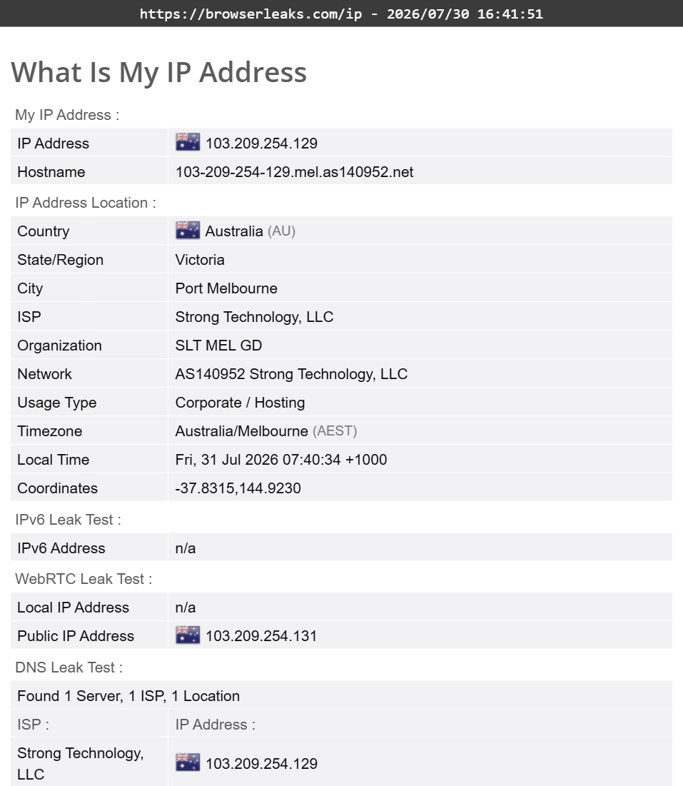 IPVanish's DNS leak test results (pass) 
