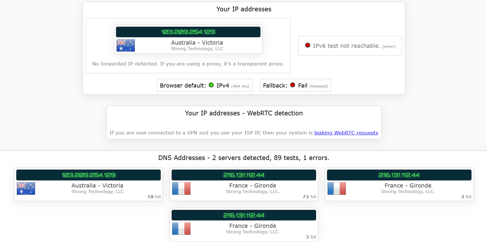IPVanish's kill switch test results (pass) 