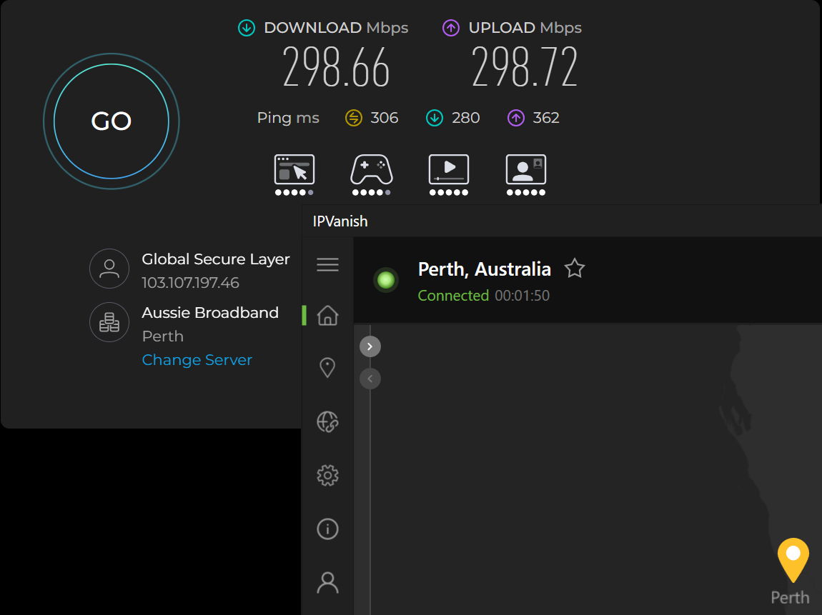 Speed test results for IPVanish while connected to a server in Perth (298.66 download, 298.72 upload, 306 ping)