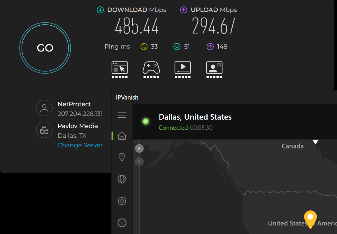 Speed test results for IPVanish while connected to a server in Dallas, Texas (485.44 download, 294.67 upload, 33 ping)